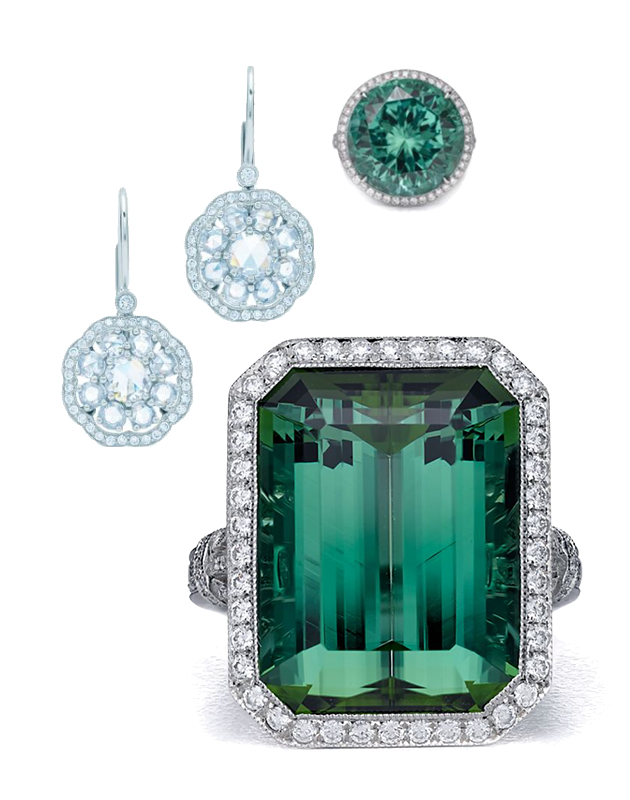Серьги Tiffany Enchant из платины с бриллиантами и два платиновых кольца c зеленым турмалином