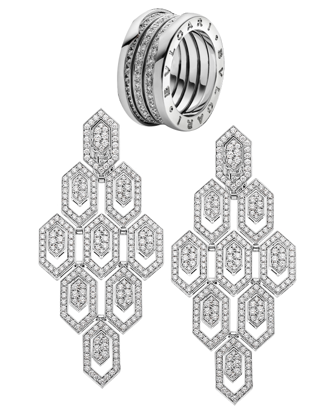 Серьги Bvlgari Serpenti из белого золота с бриллиантами и кольцо Bvlgari B.zero1 из белого золота с бриллиантами