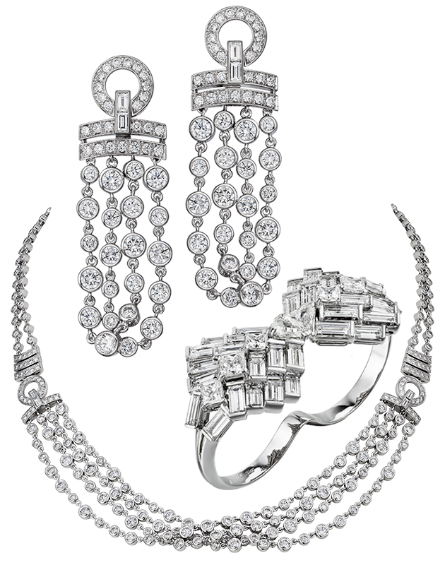Колье Pluie de Cartier из белого золота и бриллиантов, серьги Pluie de Cartier и в кольцо Reflection de Cartier