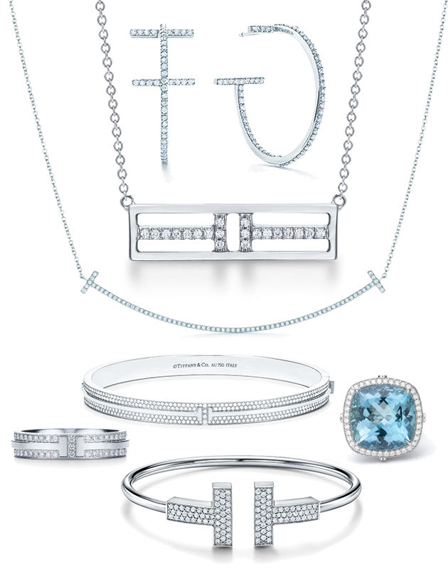 Подвески из белого золота с бриллиантами, браслеты и кольцо Tiffany T, кольцо Tiffany High Jewelry из платины с аквамарином и бриллиантами