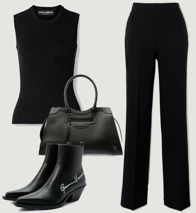 Брюки, Safiyaa; свитер, Dolce & Gabbana; обувь, Versace; сумка, Balenciaga