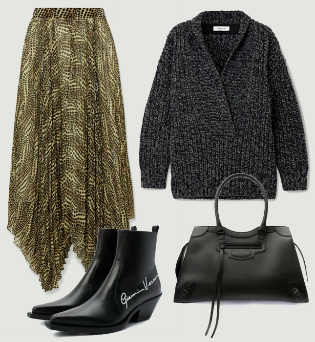  Юбка, Isabel Marant; свитер, Valentino; сумка, Balenciaga; казаки, Versace